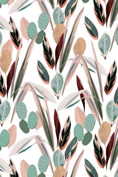 a pattern with leaves and plants in pastel colors on a white background for wallpaper