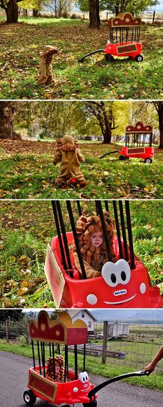 there is a red toy car in the park with trees and grass behind it, along with other pictures of cars that look like they have faces on them