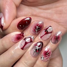 IGN:: @/77k.studios Red Silver Nails, Aesthetic Nail Design, Ambre Nails, Nail Art Aesthetic, Aesthetic Nail, Hippie Nails, Polygel Nails