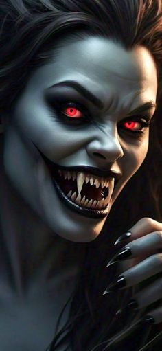 a woman with red eyes and fangs on her face