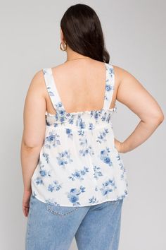 White Sleeveless Top with Blue Floral Print. Perfect for a girl's day or casual picnic date 💕 Flowy fit with straps. White Sleeveless Top, Picnic Date, Blue Floral Print, Girl Day, White Sleeveless, Floral Top, Blue Floral, Smocking, Floral Tops