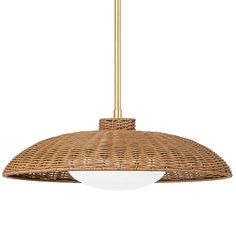 a light that is hanging from a ceiling fixture with wicker shades on the top