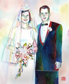 a watercolor painting of a bride and groom standing next to each other in front of a colorful background