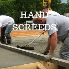 two men working on concrete with the words hand and screweds overlaying them