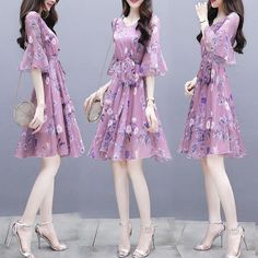 Korean Frocks, Purple Mid-length Spring Dresses, Casual V-neck Floral Chiffon Dress, Floral Dress Korean Style, Purple V-neck Chiffon Dress For Spring, Purple V-neck Dress With Floral Embroidery, Flower Clothes, Floral Chiffon Dress, Chiffon Dress Long