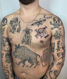 a man with many tattoos on his chest