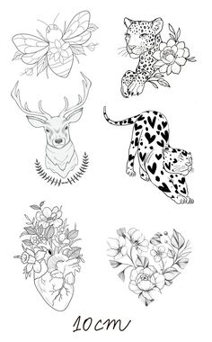 some animals and flowers on a white background with the word 10cm below it,