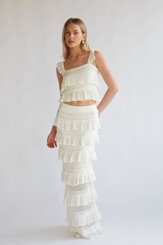 off white crochet knit tiered ruffle sleeveless crop top and maxi skirt set | unique coachella outfits Crochet Baby Skirt, Skirt And Top Sets, White Skirt Set, Black Graduation Dress, Acl Festival, Senior Outfits, Knit Skirt Pattern, Crochet Skirt Pattern, Maxi Skirt Set