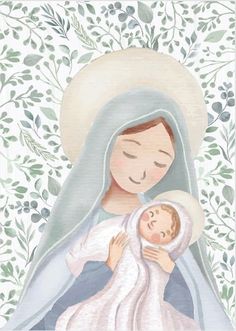 a painting of a woman holding a baby in her arms and wearing a white hat