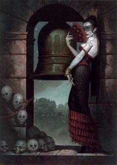 a painting of a woman holding a fan in front of a bell with skulls around her