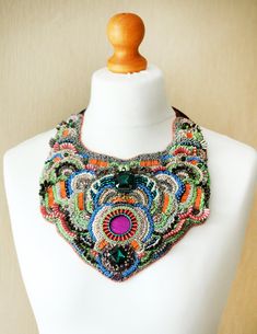 Hand embroidered necklace DECADENTE / Bright oriental necklace / Costume chest necklace / Bead haute couture necklace / Avant garde necklace Elegant Embroidered Multicolor Jewelry, Unique Embroidered Jewelry For Party, Elegant Multicolor Embroidered Jewelry, Elegant Handmade Multicolor Bib Necklaces, Elegant Multicolor Handmade Bib Necklace, Elegant Multicolor Embellished Necklaces, Chest Necklace, Oversized Necklace, Hand Embroidered Necklace