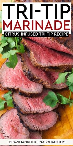 sliced steak on a cutting board with cilantro garnish