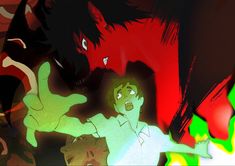 an animated image of people and animals in a room with red, green and black colors