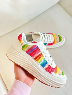 Expertly designed for fun and style, these Court Rainbow Platform Sneakers will elevate your outfit! The crisp white platform provides a boost of height while the vibrant rainbow stripes on the side add a playful touch.  These fit true to size!