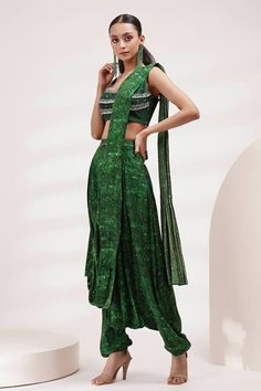 Green pre-draped dhoti saree with abstract print. Paired with a padded blouse with sequin embroidery. - Aza Fashions Bollywood Style Draped Dupatta With Cutdana, Festive Draped Set With Sheer Dupatta, Fitted Green Draped Sets, Designer Wear Draped Dupatta For Diwali, Draped Sharara With Sheer Dupatta For Diwali, Designer Dupatta For Diwali, Draped Style, Designer Draped Dupatta For Diwali, Festive Draped Sharara With Sheer Dupatta, Diwali Draped Sharara With Sheer Dupatta