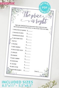 the price is right printable wedding game with flowers and greenery on white background