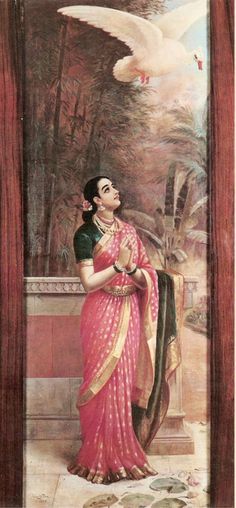 an oil painting on canvas of a woman in red saree and white doves