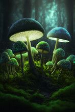 a group of mushrooms sitting on top of a green moss covered ground in the forest