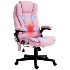 a pink office chair with blue flowers on it's back and the seat cushion is up