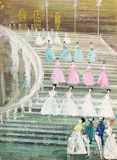 an image of people walking down the stairs in dresses and hats on their heads,