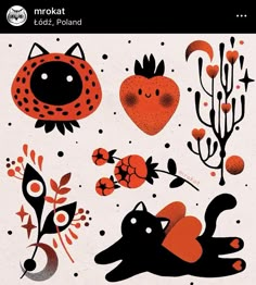 an orange and black painting with cats, flowers and hearts