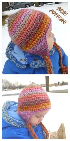 two pictures of a child wearing a knitted hat