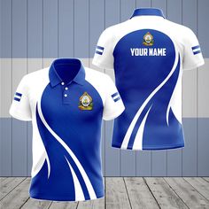 a blue and white polo shirt that says your name