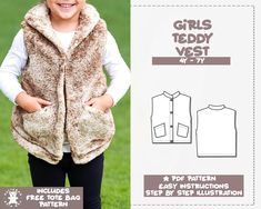 This girls teddy vest sewing pattern is perfect for beginners and all sewing levels. High collar design and cute patch pocket offer comfortable look to fall and winter season to pair with sweater or dress. The downloadable file package includes illustrated step by step sewing instructions, detailed tutorial, and helpful tips for you to easily complete the vest. The pattern includes 4 sizes for you to choose from: 4Y-7Y The digital download PDF sewing pattern includes a layer option to only select your size or multiple sizes all at once. Each pattern is created so you can print at home or through a printshop. The purchase comes with 4 PDF files: A4 US Letter A0 Instruction Book includes fabric recommendations, pattern assembling, step by step instructions, sewing tips, and much more. Seam a Kids Sewing Pattern, Vest Sewing, Vest Sewing Pattern, Tote Bag Pattern Free, Jacket Sewing Pattern, Jacket Sewing, Kids Vest, Kids Sewing, Sewing Instructions