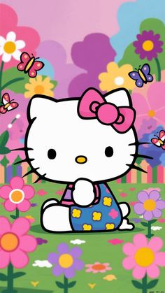 hello kitty sitting on the ground with flowers and butterflies in the sky above her head