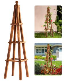 a wooden plant stand with flowers growing on it and two pictures of plants in the background