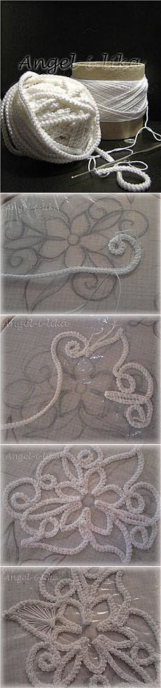 four different images of white lace on fabric