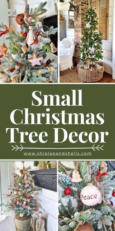 small christmas tree decor is shown in this collage with different pictures and words on it