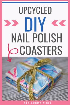 an upcycled diy nail polish coasters with gold ribbon and bow on top