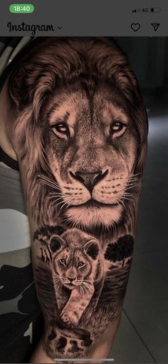 a man's arm with a lion and lions tattoo on it