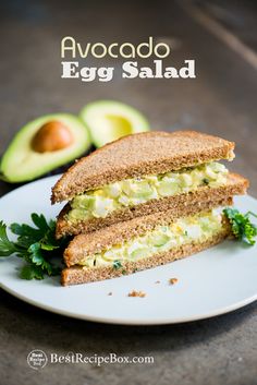 an avocado egg salad on a white plate