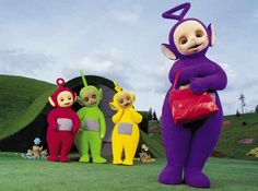 three cartoon characters standing next to each other in front of a green hill with flowers