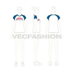 Women's Sailing T-shirt Flat Sketches, Vector Sketch, Shirt Template, Fashion Flats, Womens Flats, Raglan Sleeve, Contrasting Colors, Sailing, Nautical