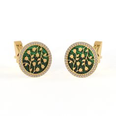 Dainty Fine Diamond Cufflinks, 14K Solid Gold Handmade Cuff Links, Natural Malachite Gemstone Gold Cufflink Jewelry Gift For Him, Groomsmen  STONE DETAILS : ❋ Stone : Pave Diamond / Malachite ❋ Stone Type : Natural ❋ Stone Size : 19 MM ❋ Stone Shape : Round Cabochon ❋ Stone Color : As Shown In Picture ❋ Stone Weight : 10.53 Cts. Approx. ❋ Diamond Weight : 0.66 Cts. Approx. ❋ Diamond Quality / Color : HI SI ❋ Diamond Size : 1.20MM ❋ Number Of Diamond : 82 Pieces METAL DETAILS : ❋ Metal Purity : S Designer Green Jewelry For Formal Occasions, Elegant Green Cufflinks For Formal Occasions, Diamond Cufflinks, Diamond Cufflink, Wedding Cuff Links, Wedding Cuff, Gold Cufflinks, Malachite Stone, Cufflinks Wedding