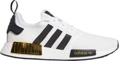 Adidas Nmd R1 White, Black And Gold Sneakers, Black And Gold Shoes, Kendall Jenner Chanel, Adidas Shoes Women, Gold Sneakers, White Core, Adidas Nmd R1, Adidas Zx