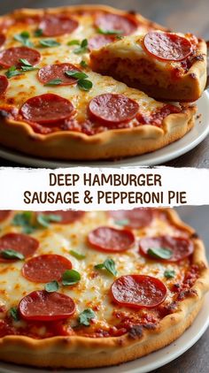 two different views of a pizza with pepperoni and sausage on it, one is cut in half