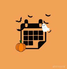 an orange background with black and white pumpkins, bats and a calendar on it