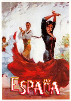 an advertisement for the spanish dance company, espana with two dancers in red skirts