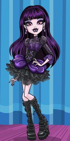 a drawing of a girl with long purple hair and black boots, standing in front of a blue curtain