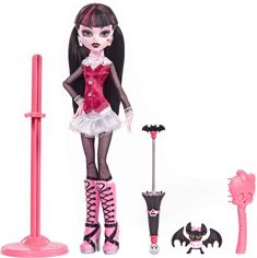 a doll is standing next to a bat and other accessories on a white background,