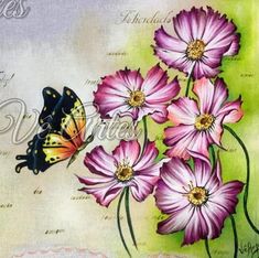 a painting of pink flowers and a butterfly