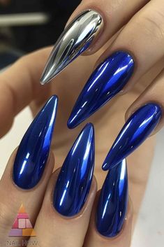 French Dark Blue Nails, Blue And Silver Chrome Nails, Blue Glass Nails, Blue And Chrome Nails, Blue Chrome French Tip, Silver Blue Nails, Navy Blue Chrome Nails, Dark Blue Chrome Nails, Blue Chrome Nails Designs