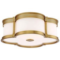 a flush light fixture with two shades of white and gold on the bottom, in an elegant