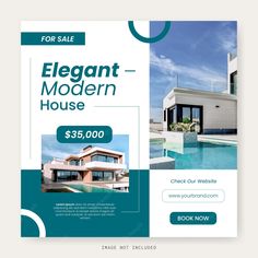 a real estate flyer is shown with an image of a house and swimming pool in the background