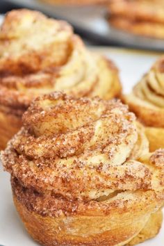 some cinnamon rolls on a white plate with powdered sugar sprinkled on top