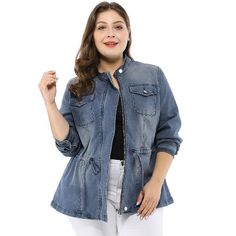 The drawstring denim jacket is a throw-on style that will lend an effortless look to any ensemble. Features front hidden zipper fastenings and a stand collar. It's cut to a relaxed silhouette featuring a drawstring waist for silhouette enhancement. Mix with both tailored and casual pieces for a vintage outlook. Pair with straight-leg black jeans and ankle boots. Collarless Denim Jacket, Long Sleeve Jean Jacket, Drawstring Jeans, Plus Size Fall Outfit, Plus Size Brands, Plus Size Outerwear, Denim Jacket Women, Women's Coats & Jackets, Long Sleeve Casual